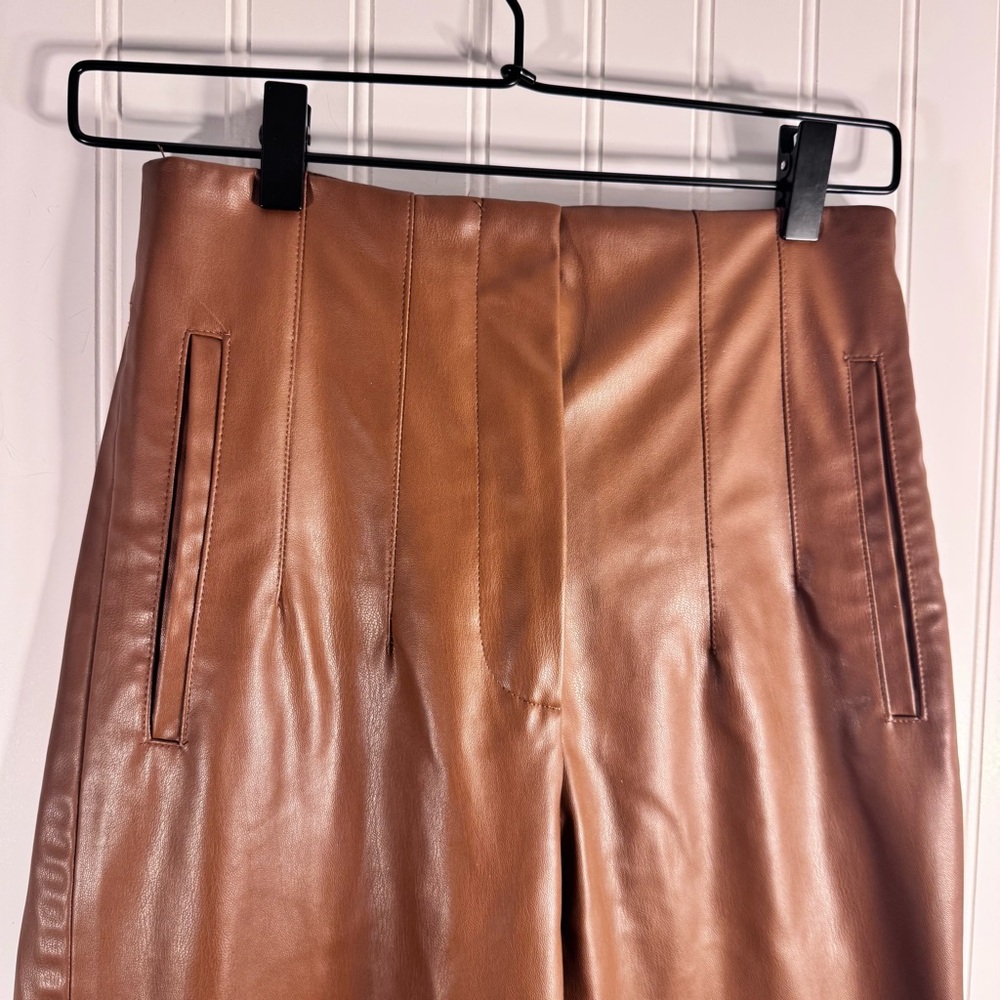 ZARA Faux Leather Straight Leg Pleated High Waist Pants Brown Women’s Size Small - Picture 4 of 15